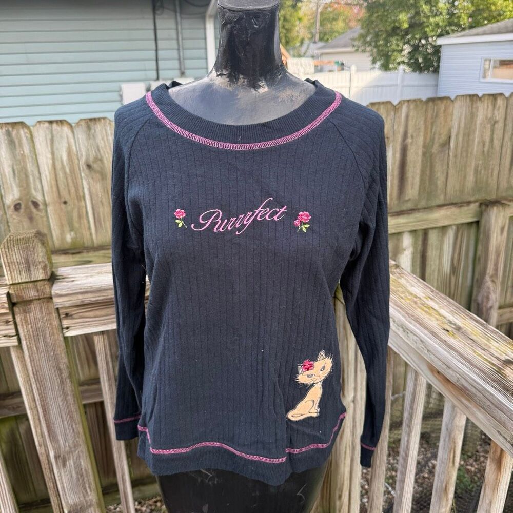 Y2K Pillow Talk Purrfect Cat Rose Ribbed Long Sleeve Pajama Shirt Small